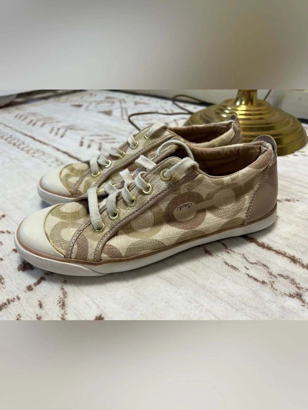 Coach Barrett Signature C Canvas Leather Low Top Sneakers Tan 9B Quiet Luxury